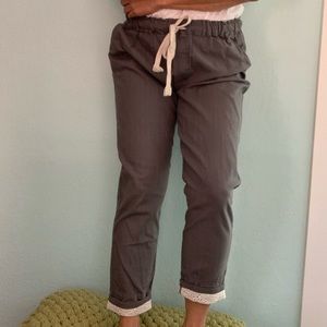 Gray Drawstring Linen-Cotton Summer Pants, Detail on Hems, Small, Made in Italy.